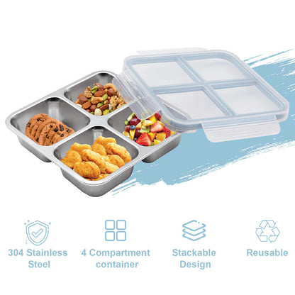 Luriseminger 3 Pack Stainless Steel Bento Lunch Box, 4 Compartment Snack Containers, Divided Meal Prep Lunch Containers, Food Storage Containers For Work and Travel
