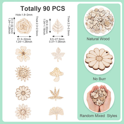 Sparkeads 90 pcs Natural Wood Charms Flower Leaf Mushroom Pendants Unfinished Plant Shape Wooden Dangle Charms for Craft Necklace Jewelry Making Bracelet DIY Women Earring Accessory