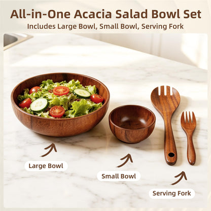 E-ROOM TREND Acacia Wood Salad Bowl Set (4-Piece), Durable & Easy to Clean, Wooden Salad Bowl with Serving Utensils for Salad, Fruit, Pasta, Everyday Kitchen Use