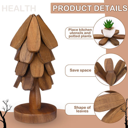 Wooden Christmas Tree Coaster Trivets Wood Trivets Set for Hot Dishes Set of 4 Christmas Tree Shape Foldable Wooden Coaster and 1 Stand Natural Trivet for Cups Plates Bowls Pots(Black Walnut Color)