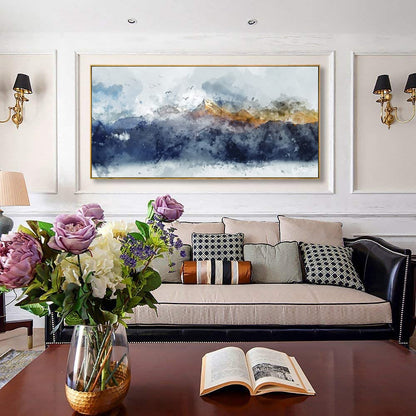 vgrozirh Framed Ready to Hang Wall Art Blue Clouds Yellow Mountain Peaks Indigo Ink Abstract Mountain Landscape Artwork Canvas Painting Prints for Living Room Bedroom Office Large Decor 24"x48"