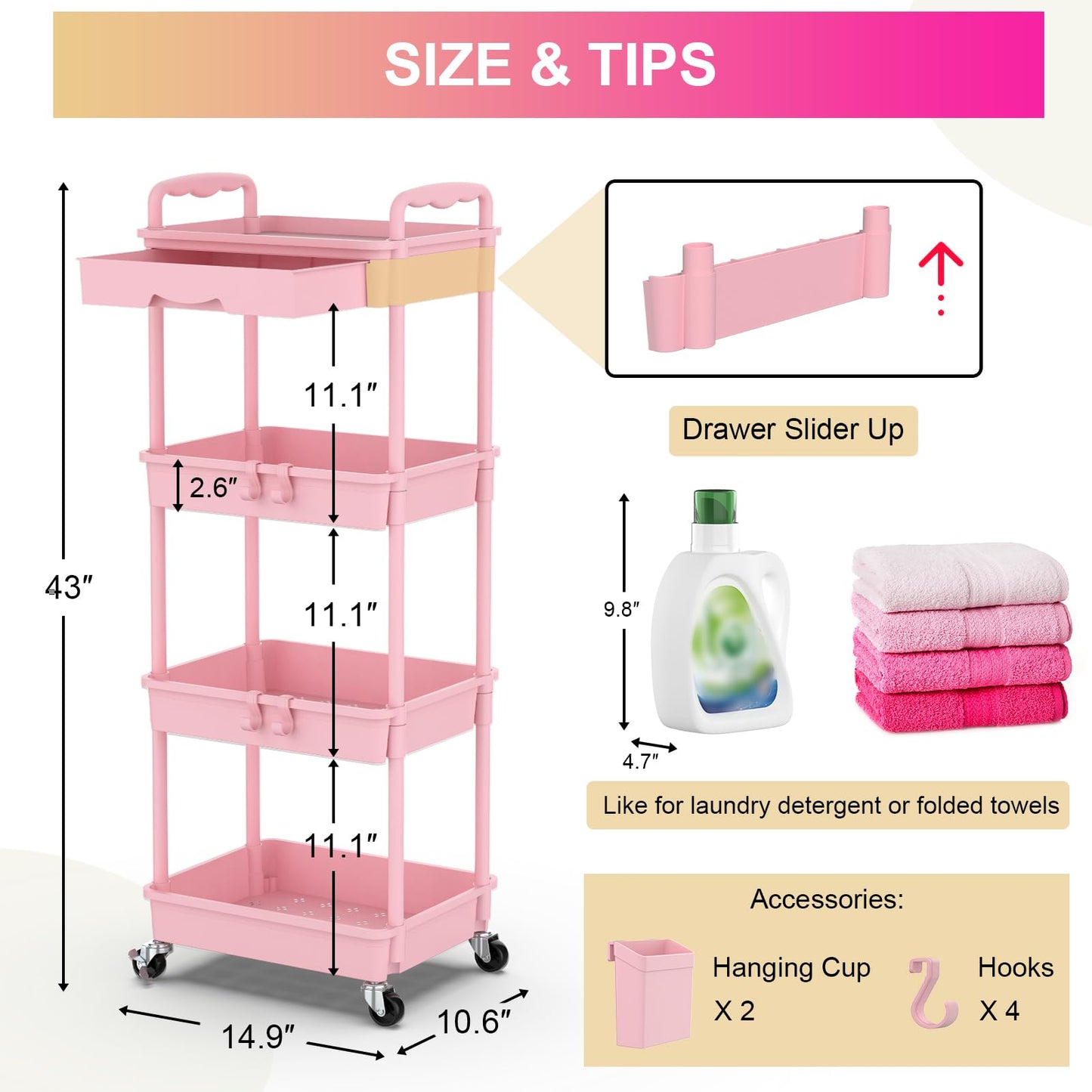 Goovilla 3 Tier Rolling Utility Cart Organizer with Removable Drawer, Stable and Sturdy Black Rolling Storage Carts with 2 Lockable Wheels for Bathroom, Kitchen, Snack, Craft, Makeup, Baby Essentials