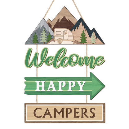TOARTi 4Pcs Welcome Happy Camper Porch Sign Camping Party Decoration Camping Welcome Hanging Signs for Camper Backyard Outdoor Decor Adventure Quote Wooden Plaque