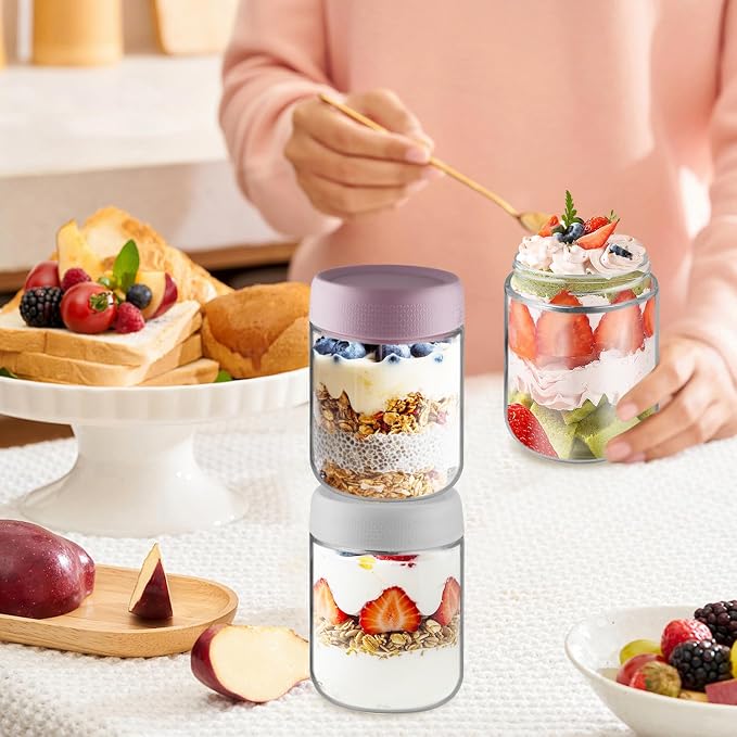 Wresty Empty Clear Glass jars with Airtight Lids Overnight Oats Containers Glass Food Storage Containers Glass Mason Jars For Yogurt Snacks Spice Sugar Jam And More (4 Pcs Mixcolor, 500ml/16.7oz)