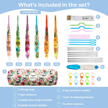 ZYNERY 6 Pcs Resin Crochet Hook Set, Ergonomic Crochet Hooks with Floral Plastic Grips, Size 3mm-6mm (3/4/4.5/5/5.5/6mm), Includes Stitch Markers & Needles for Blankets, Scarves, Hats