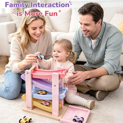 Vanplay Car Ramp Toys for One Year Old Girl Birthday Gifts, Montessori Toys for 1 2 Year Old, Wooden Race Track Truck Toy with 4 Mini Cars, First Christmas Birthday Gifts for Toddler Girl Toys 1-3-2-4