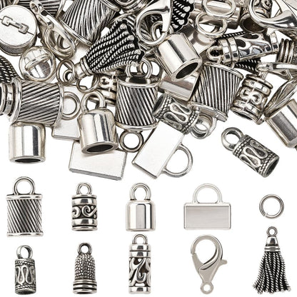 SUNNYCLUE 1 Box 230pcs Tassel End Caps Kumihimo Cord End Caps Alloy Metal Antique Silver Glue in Crimp String Leather Cords Tassel Ends Tips Supplies for Jewelry Making Kit Kumihimo Supplies Crafts