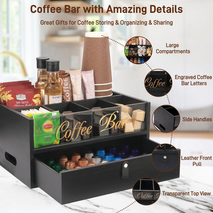 Intarsio 2-Tier Coffee Bar Organizer with Clear Acrylic Top, Built-in Drawer and Leather Handle Pull for Countertop, Stylish Coffee Station Storage Box for Accessories, Pods, Great Gifts for Home