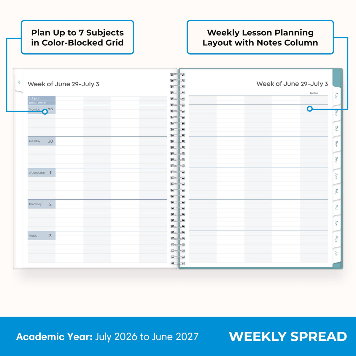 Blue Sky 2026-2027 Weekly and Monthly Academic Year Teacher Lesson Planner Calendar, July 2026 - June 2027, 8.5" x 11", Clear Pocket Cover, Wirebound, Laminated Tabs, Storage Pocket, Dots