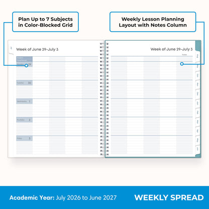 Blue Sky 2026-2027 Weekly and Monthly Academic Year Teacher Lesson Planner Calendar, July 2026 - June 2027, 8.5" x 11", Clear Pocket Cover, Wirebound, Laminated Tabs, Storage Pocket, Dots