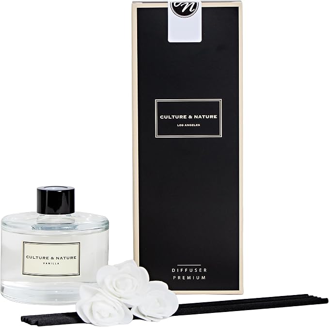 CULTURE & NATURE Reed Diffuser Set 6.7oz (200ml) Vanilla Scented Diffuser with Sticks Home Fragrance Reed Diffuser for Bathroom Shelf Decor