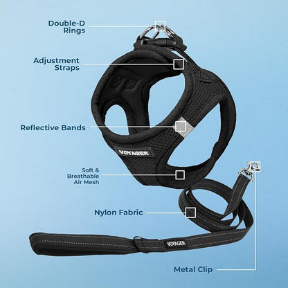 Best Pet Supplies Voyager Step-in Air All Weather Mesh Harness and Reflective Dog 5ft Leash Combo with Neoprene Handle, for Small, Medium and Large Breed Puppies - Black, XX-Small