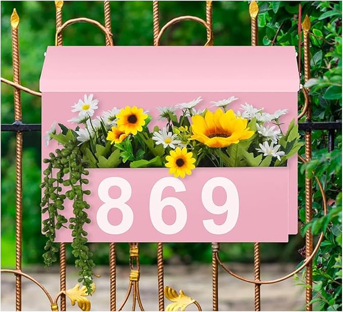 Wall-Mount Mailbox with Flag, Large Capacity Mailboxes for Outside House with Planter & 3 Sets of 0-9 Mailbox Number Stickers, Galvanized Steel Rust-Proof Post Box Metal Mail Box (Pink)