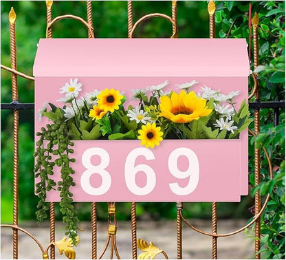 Wall-Mount Mailbox with Flag, Large Capacity Mailboxes for Outside House with Planter & 3 Sets of 0-9 Mailbox Number Stickers, Galvanized Steel Rust-Proof Post Box Metal Mail Box (Pink)