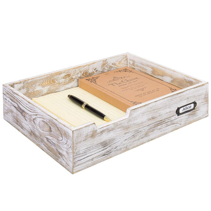 MyGift Rustic White Desktop Letter Tray - Shabby Whitewashed Wood Inbox Holder, Desk Paper File Folder Organizer Box with Metal Label