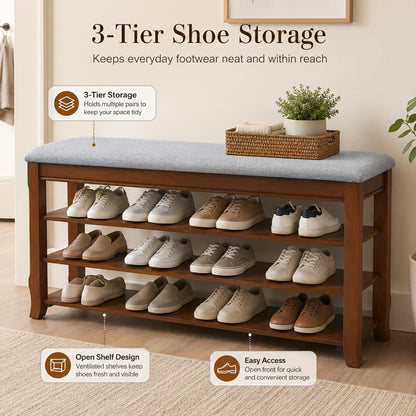 Drogenble SolidWood Entryway Shoe Storage Bench, Flip-Top Soft-Close Lid, Adjustable Shelves, Cushioned Entryway Shoe Rack Organizer,Hallway, Closet, Foyer 39.4''