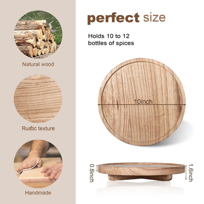 Round Decorative Tray Wood Bathroom Counter Organizer Farmhouse Kitchen Decor Wooden Riser for Soap Dish, Perfume, Candle, Sponge, 10" - Brown