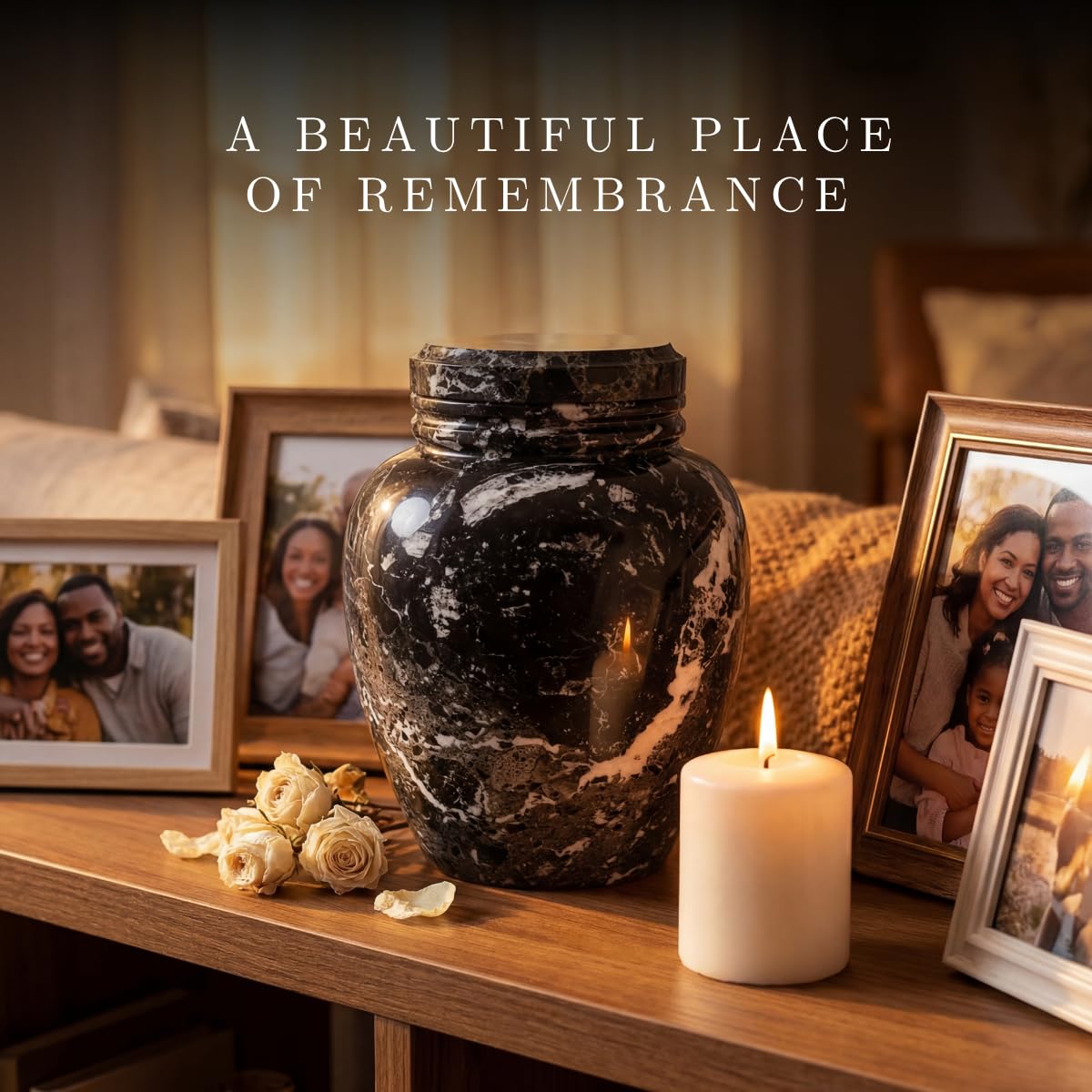 Bey-Berk Deering Moments Marble Cremation Urn for Human Ashes, Adult Size, Large (Black)