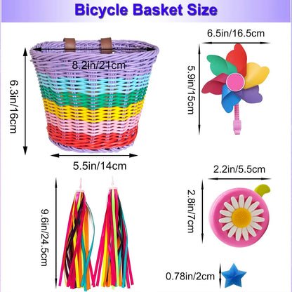 Bicycle Basket for Girls, Adjustable Front Handlebar Bike Basket with Bike Streamers Set Bell/Bicycle Windmill/Bicycle Wheel Beads DIY Bike Decoration Accessories Kit Gift (Rainbow 1)
