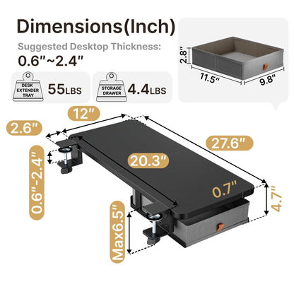 PEGZONE Desk Extender Tray, 28" x 12" Clamp On Desk Shelf, Desk Extension with Storage Drawer, Table Desk Arm Rest, Clamp On Keyboard Tray for Office and Home, Workstation Organizer, Large, Black