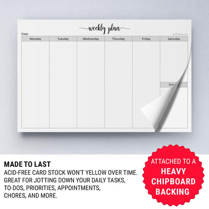 321Done Weekly Planning Notepad Landscape - 50 Sheets (8.5" x 5.5") - Horizontal Weekly Days of Week Paper Note Pad, Planner Organizing - Made in USA - Simple Script