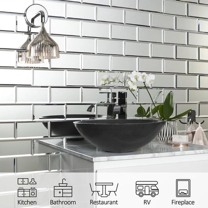 V-MOZZA 40-Pack Greek Silver Beveled Mirror Glass Tiles - 3x6 Real Mirror Subway Tile - Upgraded Industrial Self-Adhesive Backing for Kitchen Backsplash, Accent Wall & Home Decor (5 Sq.Ft)