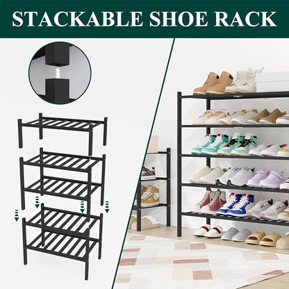 Smiry Long Bamboo Shoe Rack, 4 Tier Free Standing Wooden Shoe Organizer, Stackable Wood Shoe Storage Shelf for Closet, Entryway, 12 Vertical Slats, 2+2 Stack Standard Legs, 33.7"x11"x26", Black