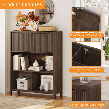 FATORRI Cube Bookshelf with 2 Doors, 4 Tier Wooden Bookcase, 5 Cube Storage Organizer for Home Office (Dark Walnut)