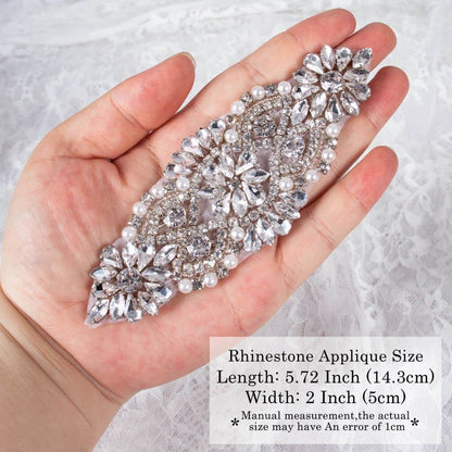 ShiDianYi Rhinestone and Pearl Beaded Applique for Bridal sash, Wedding Headband Wedding Belst Bridal Sash Silver Rhinestone Applique