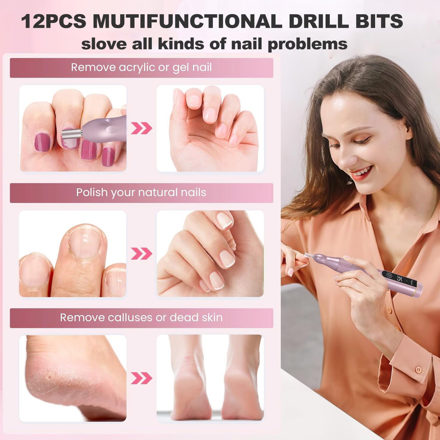 Cordless Nail Drill, 35000RPM Professional Efile Nail Drill Machine, LCD Display Rechargeable Portable Electril Nail Drill with 12pcs Bits and 6pcs Sanding Bands for Acrylic Nails Gel Polish Remover
