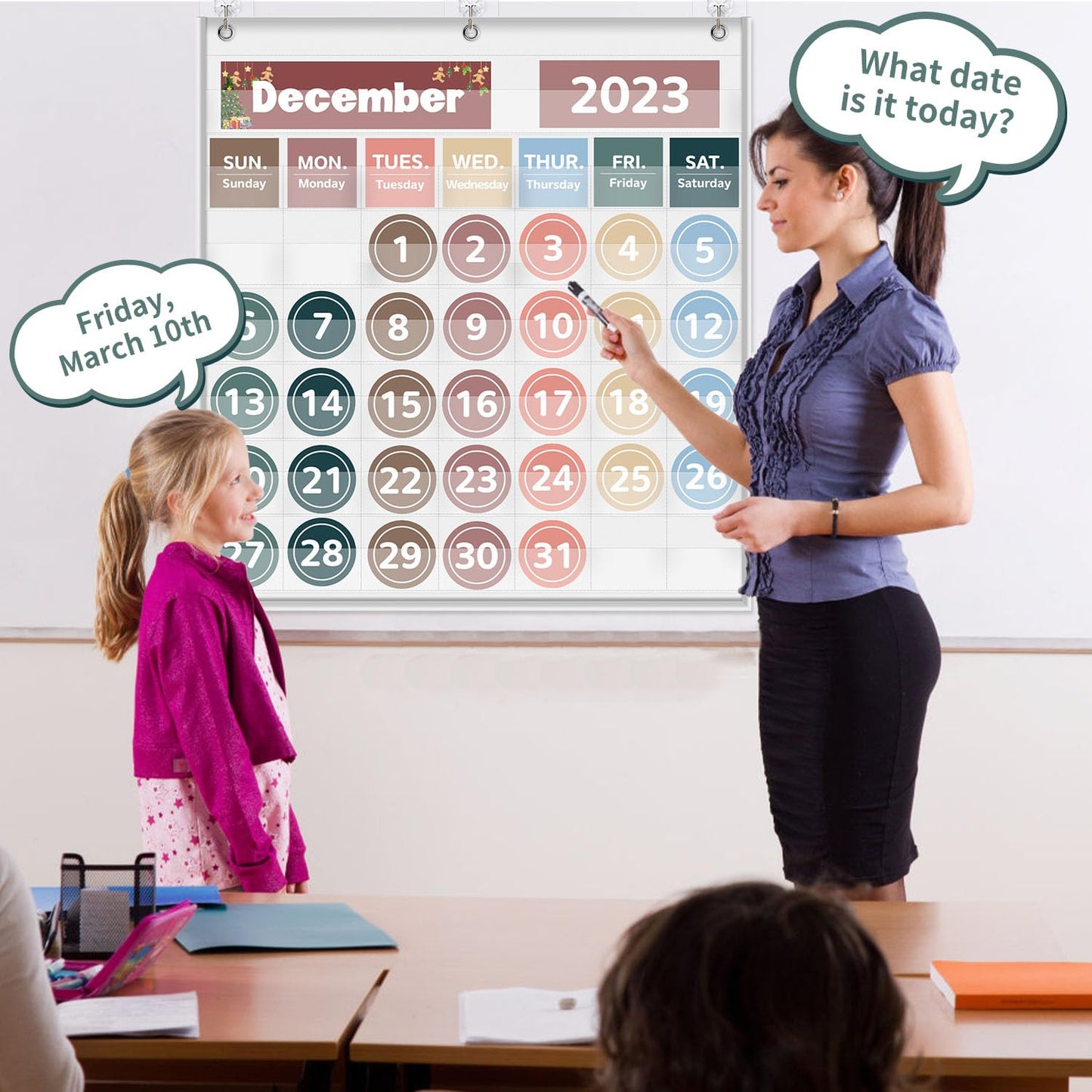 Monthly Calendar Pocket Chart for Classroom, Printed Days of The Week with Cards, Learning for Home or Kindergarten, Teacher Must Have Supplies That Fits Any School Décor (White)