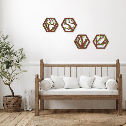 HOURIA 4 Pcs Wooden Tree of Life Wall Art, Rustic Green Leaves Hollow Brown Wall Hanging Decor for Living Room,8"*10"Abstract Modern Family Tree Wood Wall Sculpture for Farmhouse Bedroom Nursery