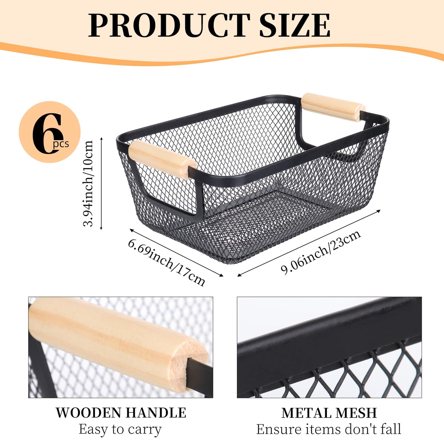 6Pack Black Wire Basket with Wooden Handle, Storage Bins for Pantry, Metal Mesh Basket for Kitchen Organization, Snack Organizer for Home Cabinet Closet Bathroom Fridge Fruit Makeup and Office