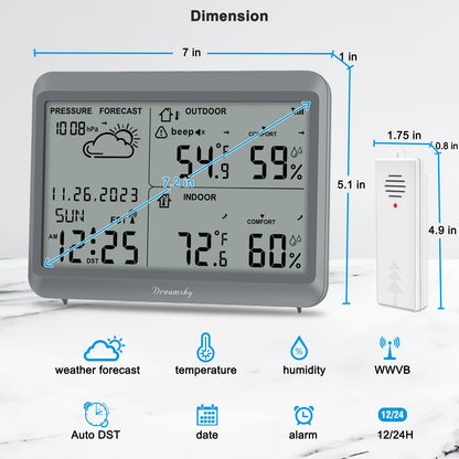DreamSky Weather Station Indoor Outdoor Thermometer Wireless - Atomic Clock with Indoor/Outdoor Temp, Date & Day, Battery Powered, Home Weather Forecast Clock with Inside Outside Temperature Humidity