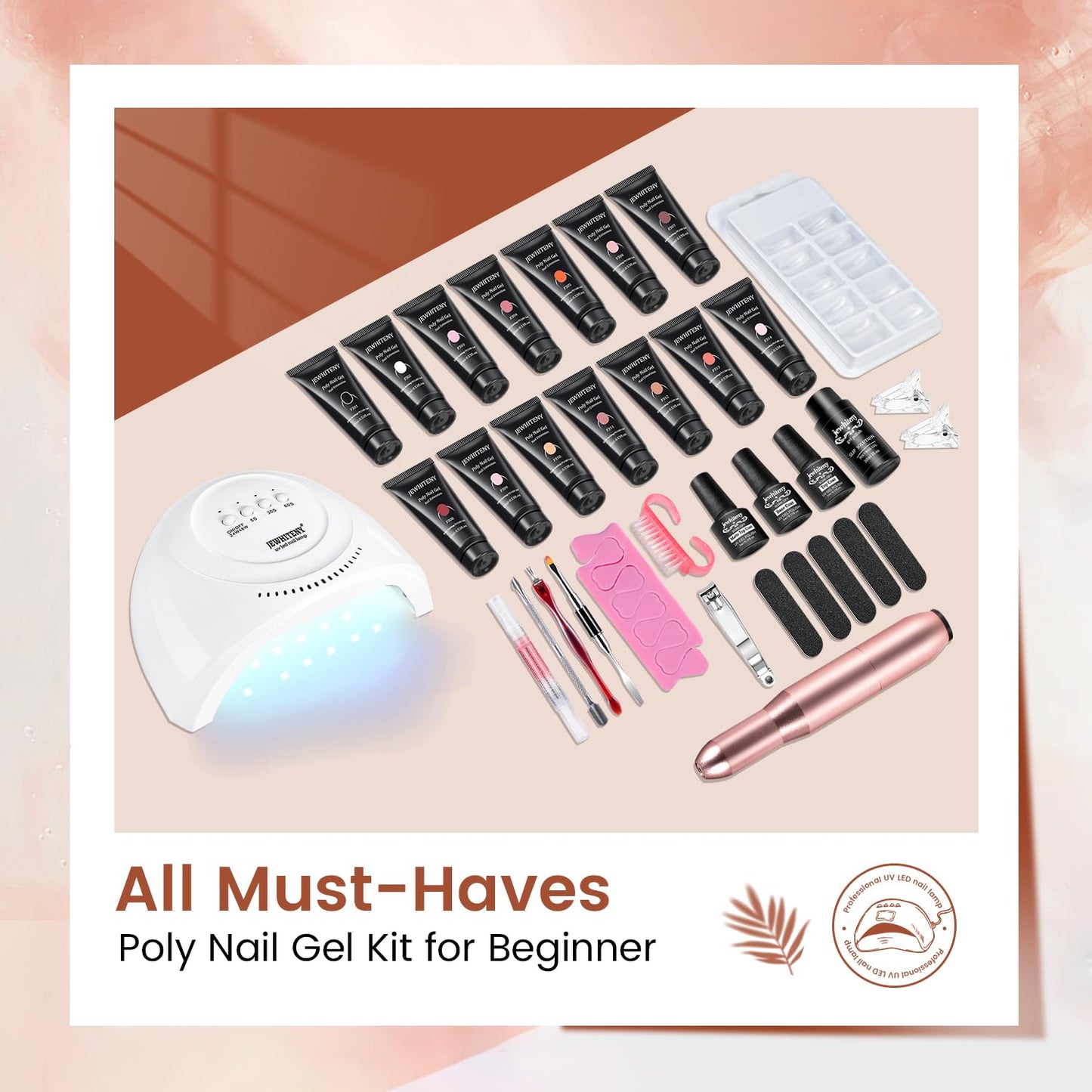 JEWHITENY Poly Extension Gel Nail Kit 14 PCS Poly Gel Kit with Slip Solution and Mini Lamp Nail Art Design Beginner