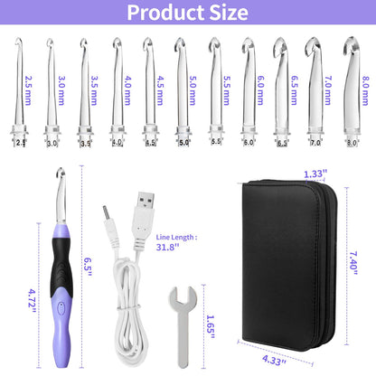 Light Up Crochet Hook Sets, 11 Sizes Interchangeable Lighted Crochet Hook Set, LED Rechargeable Crochet Hooks for Dark Yarn, Ergonomic Grip Crochet Kit for Beginners Crochet Needles Kit with Case