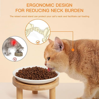 Shallow Elevated Cat Bowls, 2, White (Fish Bone), Bamboo Stand | 5.9 Inch Wide, Ceramic Dishes, Whisker Friendly, Raised Pet Food, Adjustable