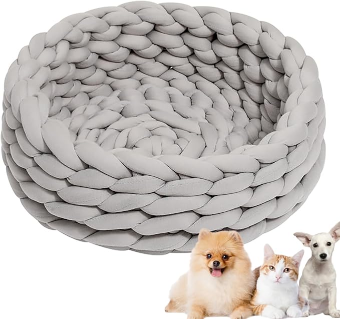 Woven Dog Bed Basket, Knitted Cotton Cat Bed Round Washable Woven Cat Pet Bed Chunky Dog Basket, Orthopedic, Chunky Knit Dog Nest,Dog Bed,Dog Cave,Dog Bedding(Gray,23")