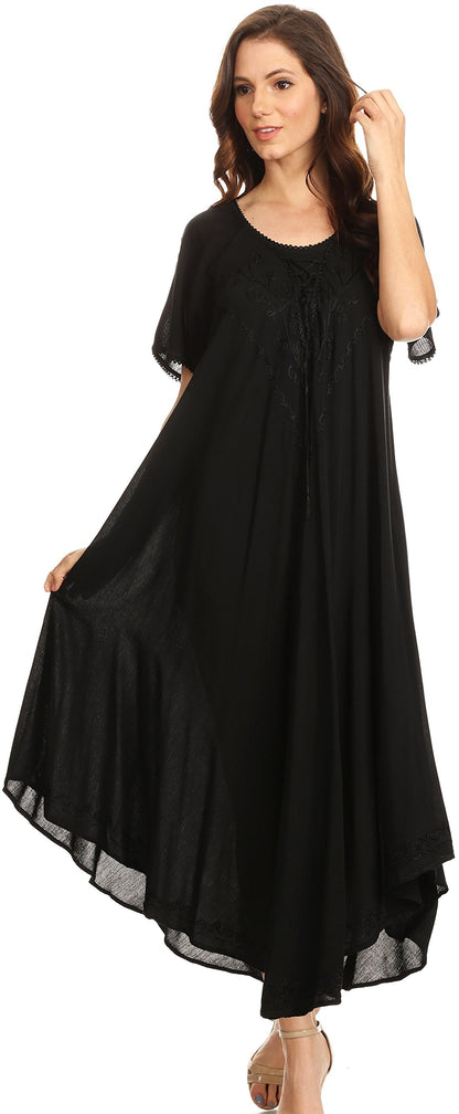 Sakkas 1701 - Lilia Embroidered Lace Up Bodice Relaxed Fit Maxi Sun Dress - Black - OS