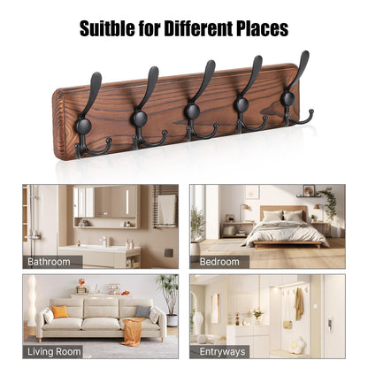 Kruodop Large Coat Rack Wall Mount Coat Hooks Coat Hanger with 5 Metal Black Triple- Hooks Brown Pine Real Wood Plank Hat Rack for Wall Hooks for Hanging Coat Hat Jacket