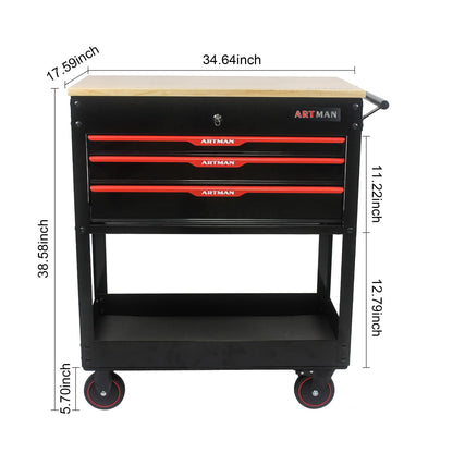 KEIKI 3-Drawer Rolling Tool Cart with Lift-Up Wooden Top, Utility Tool Box, Multi-Functional Tool Storage Organizer Cabinet for Garage, Warehouse, Workshop, Repair Shop, Black