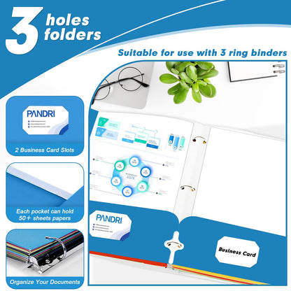 Two Pocket Portfolio Folders, PANDRI 60 Pack 3 Hole Punched 2 Pocket Folders for 3 Ring Binder, Letter Size Paper File Folder for School Office Home Business, Blue