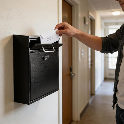 KYODOLED Wall Mount Mailbox for Outside, Combination Lock, Large, Black | Sturdy Steel, Anti-theft Large Drop Box, Ideal for Home, Office, School Daily Mail/Key/Cash Storage, 12H" x 10.5L" x 4.6W"