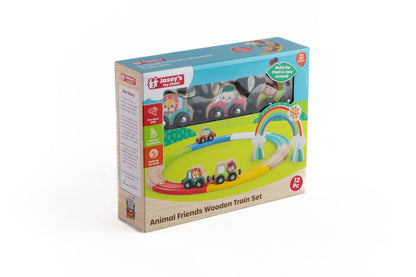 Jasey's Toy Chest Animal Friends Wooden Train Set | 12-Piece Set with Animal Cars, Rainbow Arch and Interlocking Track Pieces | Compatible with Other Wooden Train Sets | for Toddlers Ages 12+ Months