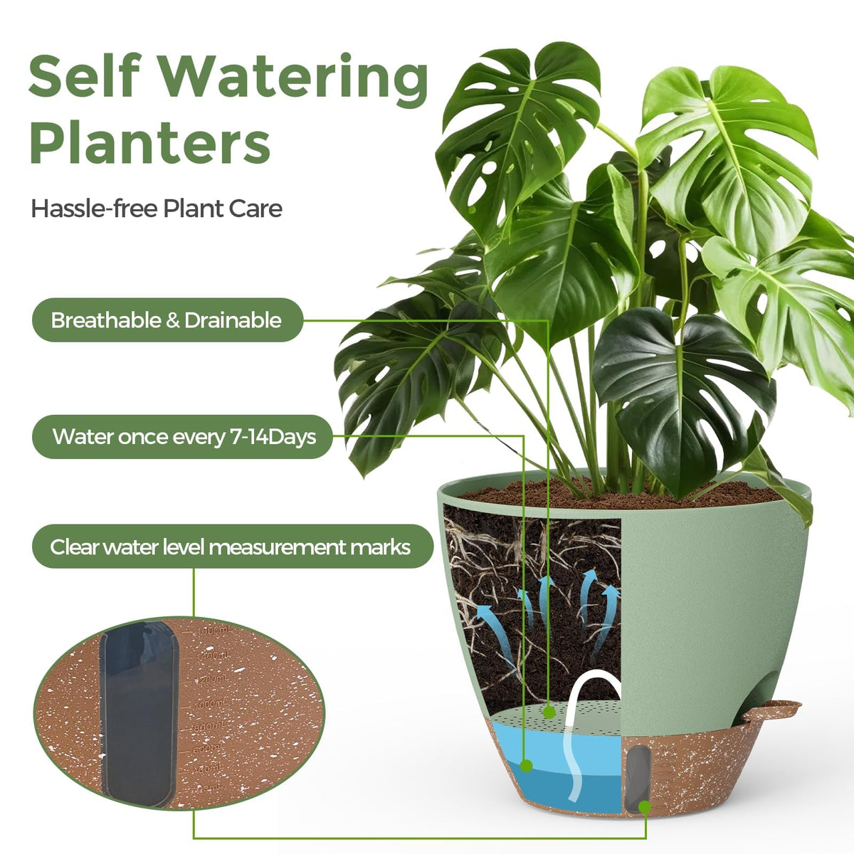 LifeNest Plant Pots, 12" 10" 6" 8" Inch Self Watering Pots with Water Level Indicator, Set of 5 Flower Pots Indoor with Drainage Holes, Modern Planters for Indoor Outdoor Plants, Room & Office Décor