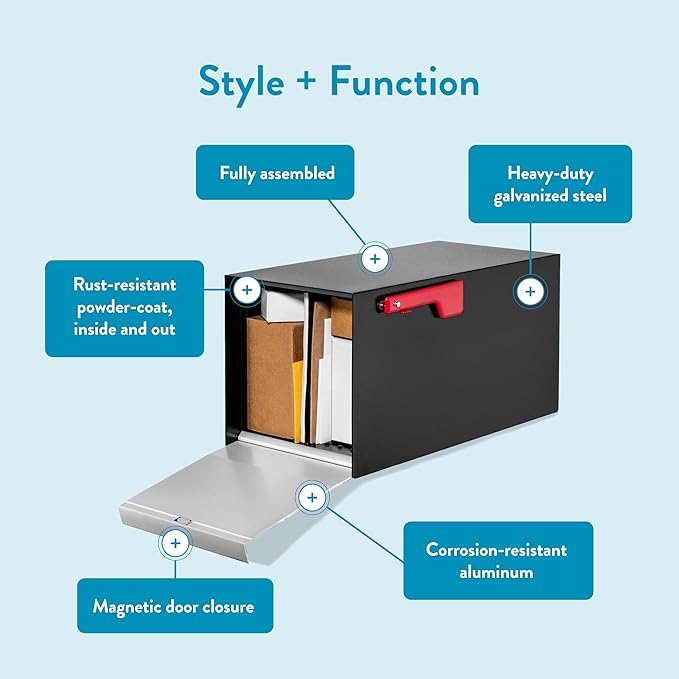 Architectural Mailboxes MailMax Post Mount Mailbox, Black, Large | Modern galvanized steel and aluminum build with rust-resistant powder-coat finish and a magnetic door closure. USPS approved.