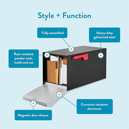 Architectural Mailboxes MailMax Post Mount Mailbox, Black, Large | Modern galvanized steel and aluminum build with rust-resistant powder-coat finish and a magnetic door closure. USPS approved.