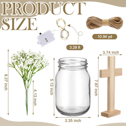 Wavwavw 37 Pcs/4 Sets Baptism Centerpieces for Table Cross Mason Jar Centerpieces with Wooden Cross Crafts Light Strings for Baptism First Communion Church Wedding Favors(Baby's Breath)