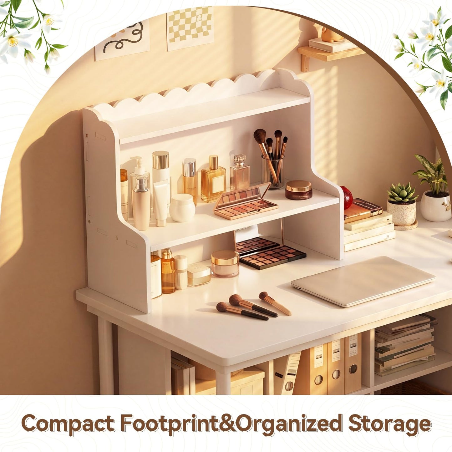 Amyhill Wooden Office Desktop Storage, 2-Tier Scalloped Tabletop Organizer Shelf for Cosmetics, Stationery, Office Supplies, Space-Saving Display Rack for Bedroom, Dorm