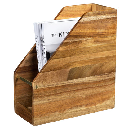 MyGift Premium Hotel Series Solid Acacia Wood Desktop Magazine File Holder Bin with Brass Tone Metal Accent, Vertical Office Desk Document Folder Binder Storage Organizer Rack